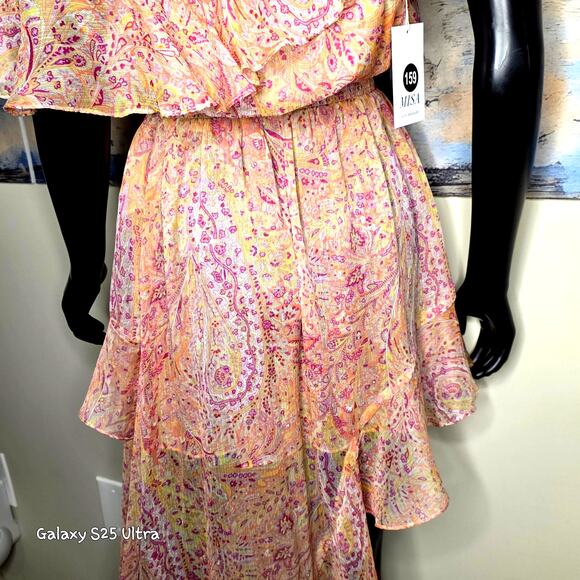 MISA Los Angeles Gisele Asymmetric Pink off Shoulder Floral Dress - Picture 9 of 14